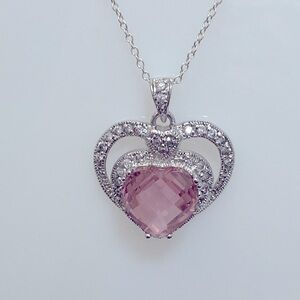 Double Heart 925 Silver Necklace & Pink Cubic Zirconia Heart Pendant
